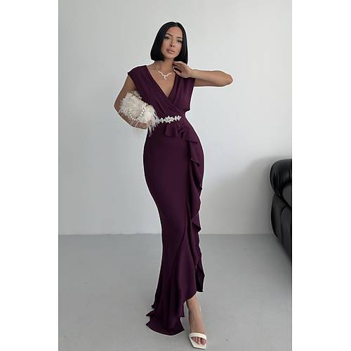 Kad�n Gri Scuba Dalg�� Kuma� Kruvaze Yaka Ete�i Volanl� Abiye Mezuniyet Nikah Elbise