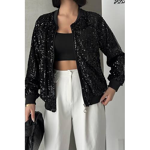 Payetli Bomber Ceket Siyah