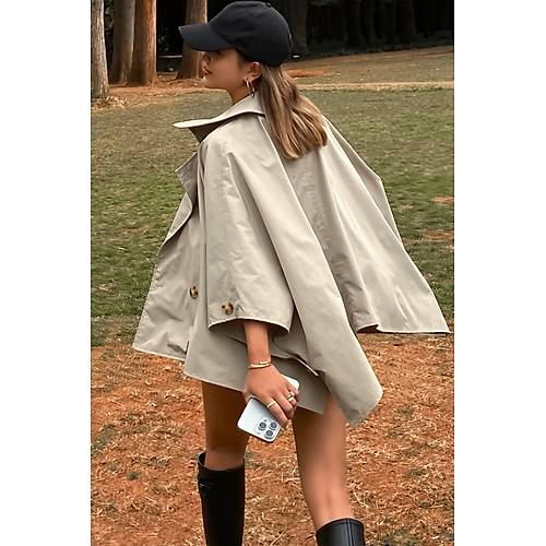 Siyah Yarasa Kol Detay Yakal Dmeli Rahat Kalp Oversize Midi Boy Trenkot