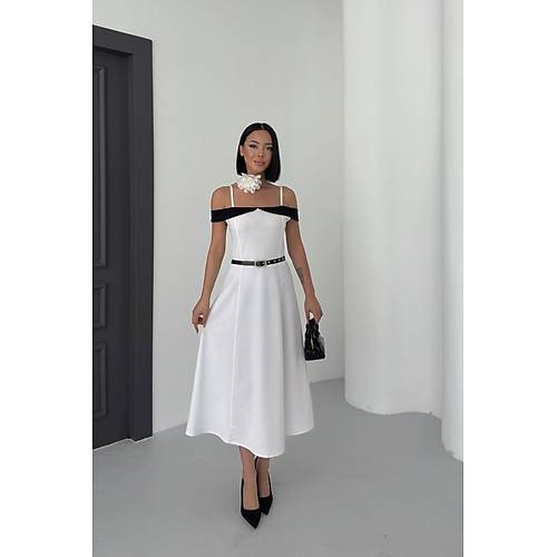 ift Renk Midi Kemerli Beyaz Elbise