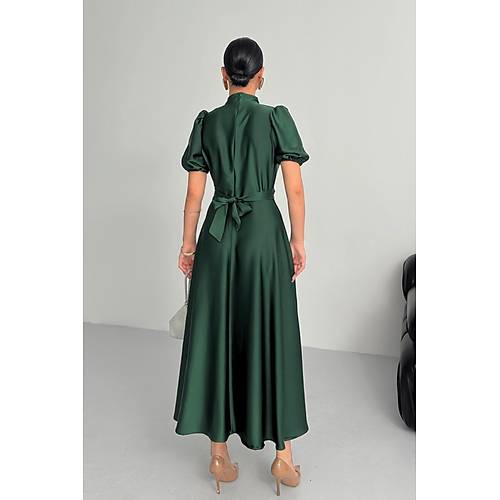 Nil Lacivert Klo Etek Ksa Kol Midi Boy Saten Abiye Elbise Lacivert