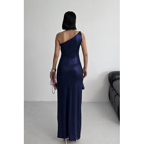 Kadn Omuz Aksesuarl Volanl yrtma parlak kuma Abiye Mezuniyet Nikah Lacivert Elbise