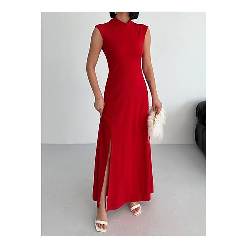 Bisiklet Yaka Y�rtma�l� K�rm�z� Maxi Elbise