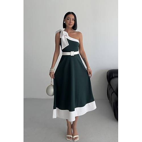 Tek Omuz Kemerli Kadn Midi Mor Abiye Elbise Fiyonk Detayl k Tasarm