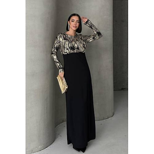 Siyah Gold Desenli Uzun Kollu k Maxi Abiye Elbise