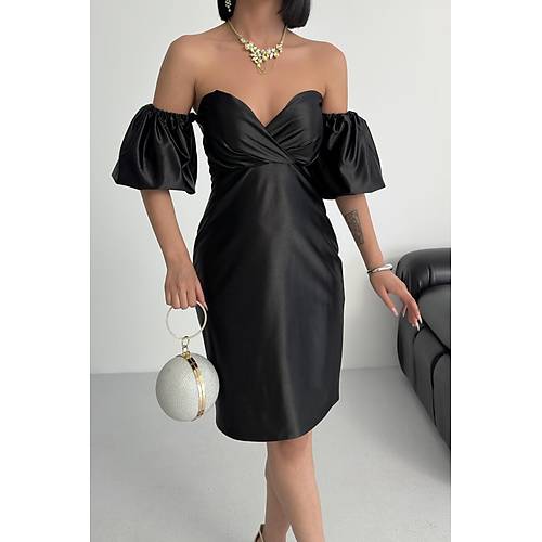 Laura Balon Kol Saten Abiye Siyah Elbise