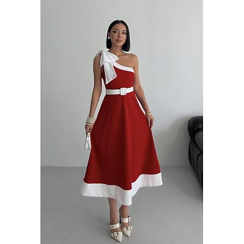 Tek Omuz Kemerli Kadn Midi Mor Abiye Elbise Fiyonk Detayl k Tasarm