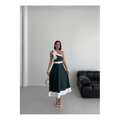 Tek Omuz Kemerli Kadn Midi Mor Abiye Elbise Fiyonk Detayl k Tasarm