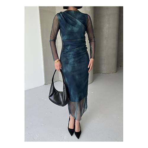 Kadn Hakim Yaka Transparan Tl Kollu Astarl Drapeli Midi Abiye Puantiyeli Elbise