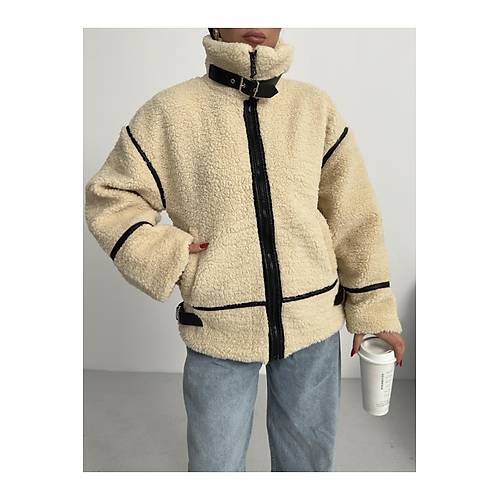 Viral Teddy Pelu� Bej Biker Ceket