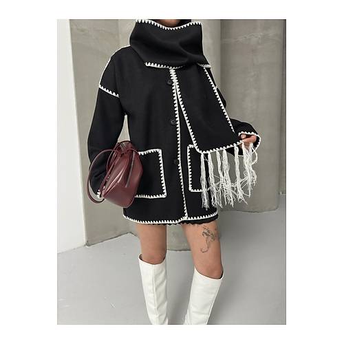 Nak Detayl Atkl Yumuak Triko Hrka Ceket Siyah