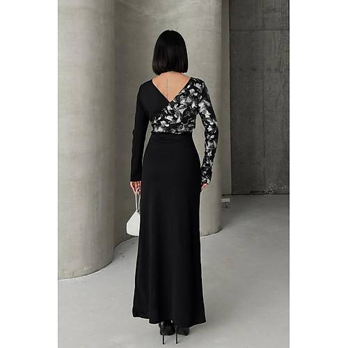 Siyah Gold Desenli Kruvaze Uzun Abiye Elbise