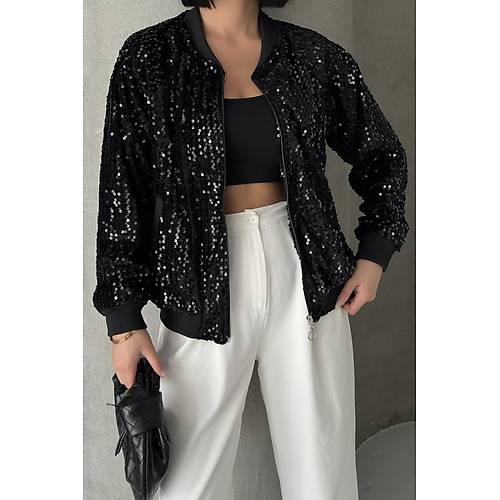 Payetli Bomber Ceket Siyah