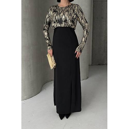 Siyah Gold Desenli Uzun Kollu k Maxi Abiye Elbise