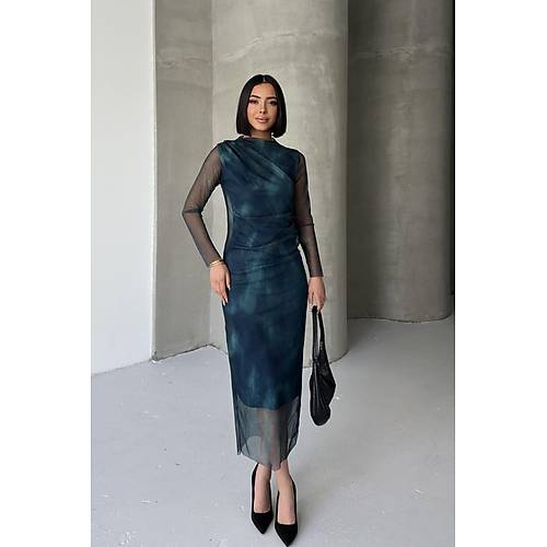 Kadn Hakim Yaka Transparan Tl Kollu Astarl Drapeli Midi Abiye Puantiyeli Elbise