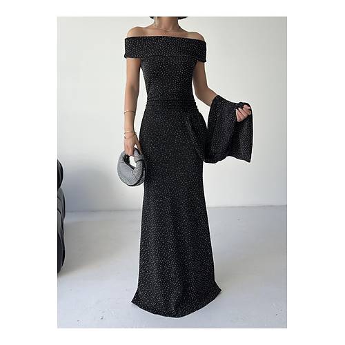 Dk Omuz Drapeli Simli Abiye Elbise