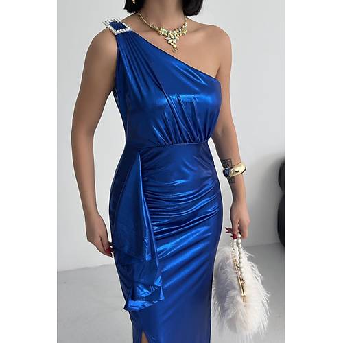 Kadn Omuz Aksesuarl Volanl yrtma parlak kuma Abiye Mezuniyet Nikah Lacivert Elbise