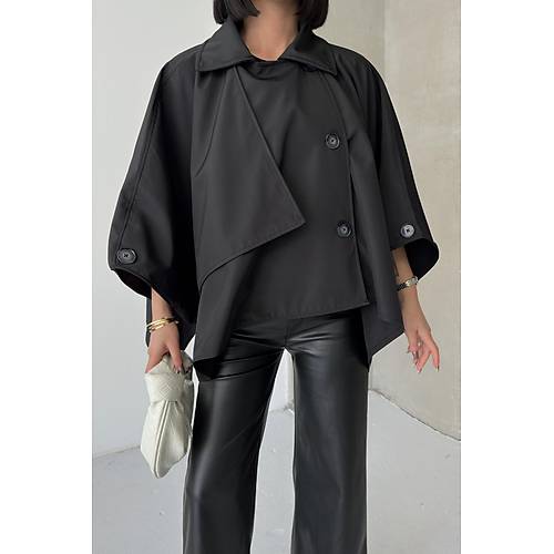 Siyah Yarasa Kol Detay Yakal Dmeli Rahat Kalp Oversize Midi Boy Trenkot