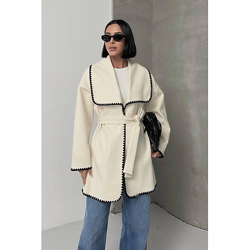 Nak�� Detayl� Kemerli Yumu�ak Siyah Ceket