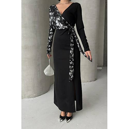 Siyah Gold Desenli Kruvaze Uzun Abiye Elbise