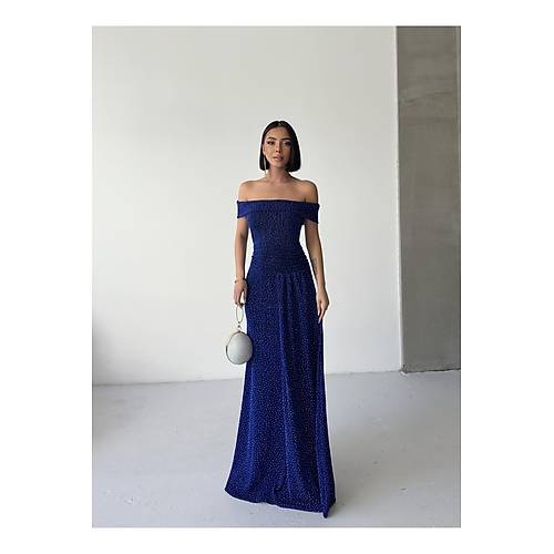 Dk Omuz Drapeli Simli Abiye Elbise