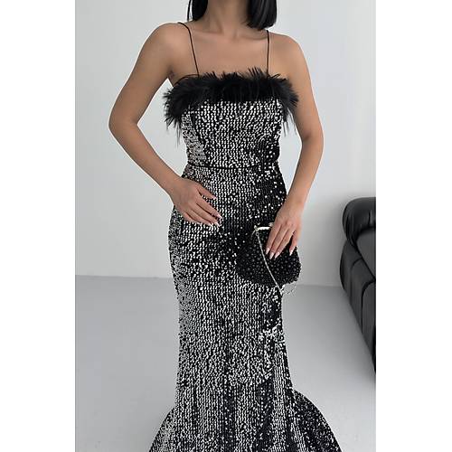 Trend Pul Payetli T�y Detayl� Abiye Kadife Gri Elbise