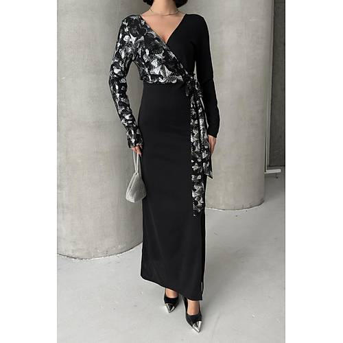 Siyah Gold Desenli Kruvaze Uzun Abiye Elbise