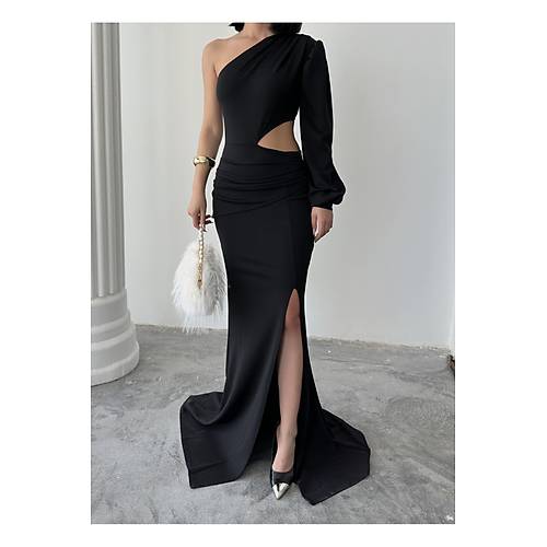 Tek Kol Derin Yrtmal Krep Gece Elbisesi Zmrt Yeil Abiye