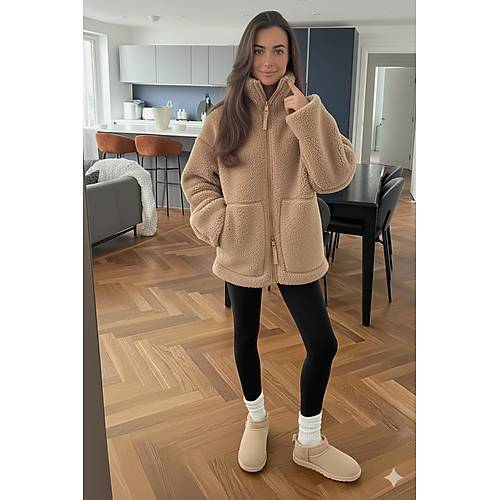 Bej Dik Yakal� Cepli Kad�n Pelu� Mont