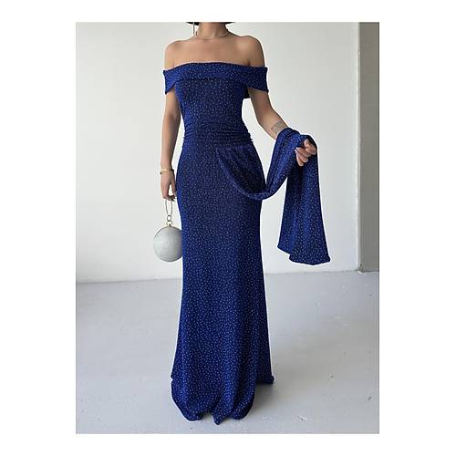 Dk Omuz Drapeli Simli Abiye Elbise