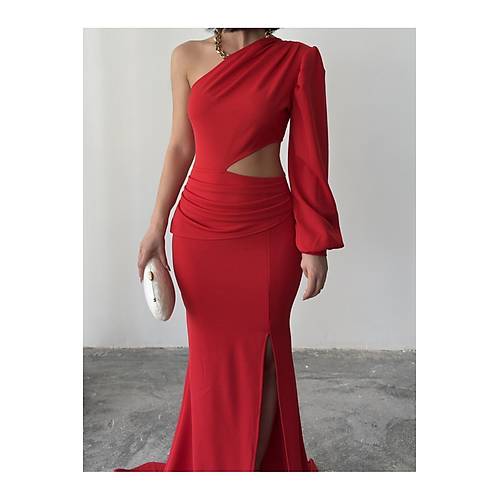 Tek Kol Derin Yrtmal Krep Gece Elbisesi Zmrt Yeil Abiye