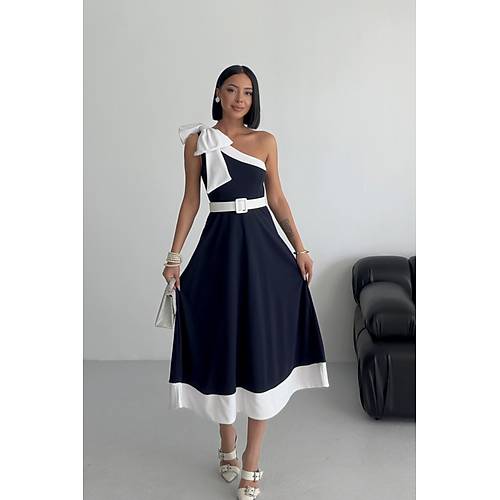 Tek Omuz Kemerli Kadn Midi Mor Abiye Elbise Fiyonk Detayl k Tasarm