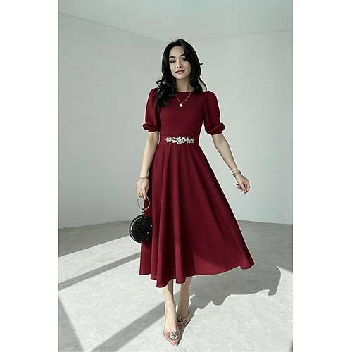 Bordo Karpuz Kollu Midi Boy Elbise