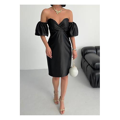 Laura Balon Kol Saten Abiye Siyah Elbise