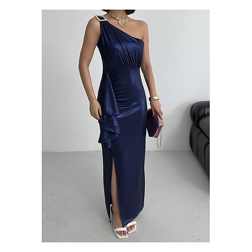 Kadn Omuz Aksesuarl Volanl yrtma parlak kuma Abiye Mezuniyet Nikah Lacivert Elbise