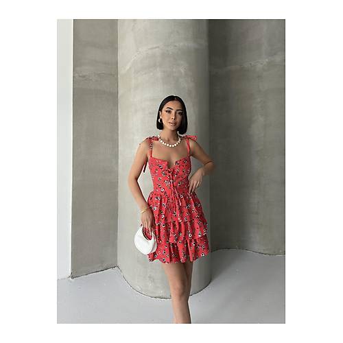 Ask�l� Elbise Ete�i Volanl� Elbise G���s Destekli K�rm�z� Mini Elbise �i�ekli Elbise Desenli Elbise