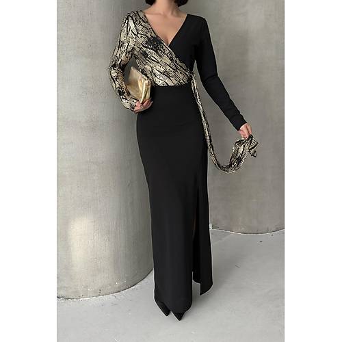 Siyah Gold Desenli Kruvaze Uzun Abiye Elbise