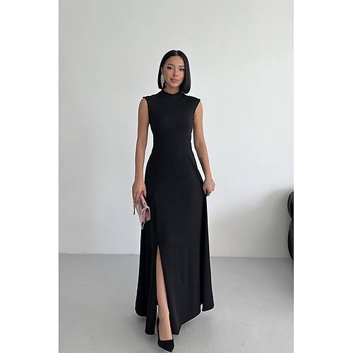 Bisiklet Yaka Yrtmal Krmz Maxi Elbise