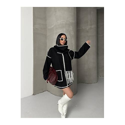 Nak Detayl Atkl Yumuak Triko Hrka Ceket Siyah