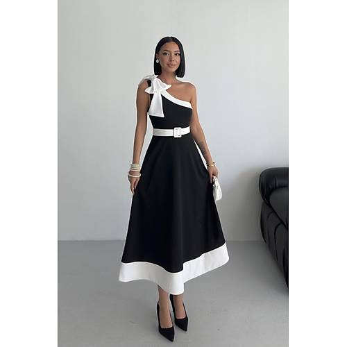 Tek Omuz Kemerli Kadn Midi Mor Abiye Elbise Fiyonk Detayl k Tasarm