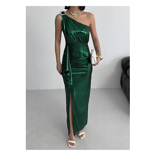 Kadn Omuz Aksesuarl Volanl yrtma parlak kuma Abiye Mezuniyet Nikah Lacivert Elbise