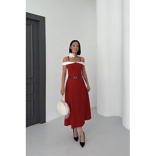 ift Renk Midi Kemerli Beyaz Elbise