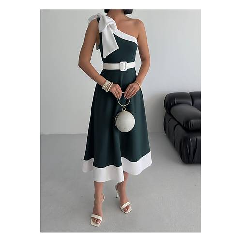 Tek Omuz Kemerli Kadn Midi Mor Abiye Elbise Fiyonk Detayl k Tasarm