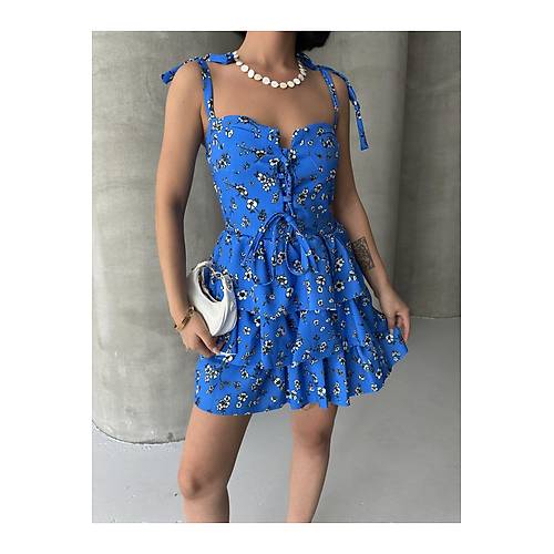Ask�l� Elbise Ete�i Volanl� Elbise G���s Destekli K�rm�z� Mini Elbise �i�ekli Elbise Desenli Elbise