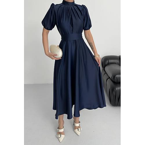 Nil Lacivert Klo Etek Ksa Kol Midi Boy Saten Abiye Elbise Lacivert