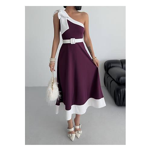 Tek Omuz Kemerli Kadn Midi Mor Abiye Elbise Fiyonk Detayl k Tasarm