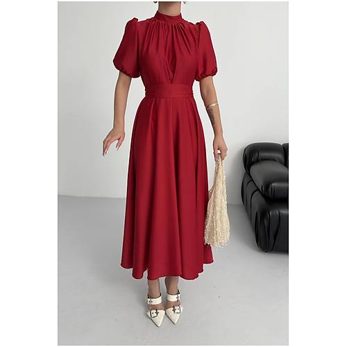 Nil Lacivert Klo Etek Ksa Kol Midi Boy Saten Abiye Elbise Lacivert