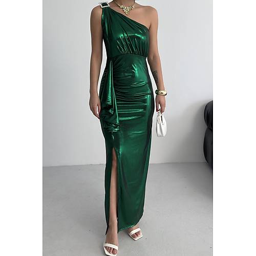 Kadn Omuz Aksesuarl Volanl yrtma parlak kuma Abiye Mezuniyet Nikah Lacivert Elbise