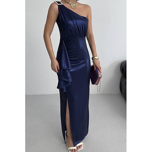 Kadn Omuz Aksesuarl Volanl yrtma parlak kuma Abiye Mezuniyet Nikah Lacivert Elbise