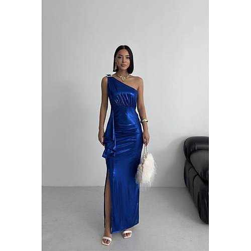 Kadn Omuz Aksesuarl Volanl yrtma parlak kuma Abiye Mezuniyet Nikah Lacivert Elbise